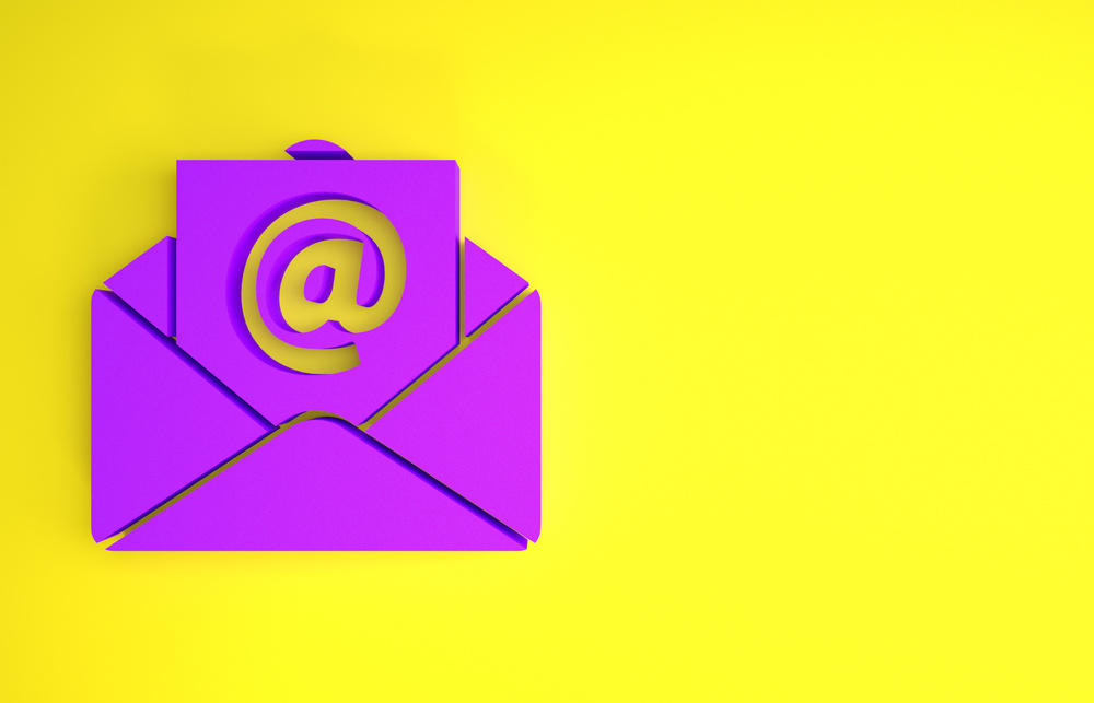 Purple Mail and E-Mail Icon Isolated on Yellow Background. Envelope Symbol E-Mail. Email Message Sign. Minimalism Concept. 3D Illustration 3D Render